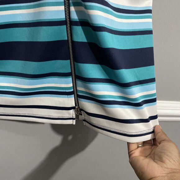 Enfocus Studio Blue Green Striped Dress Front Zip Midi Sleeveless Workwear Sz 6 - Picture 8 of 10
